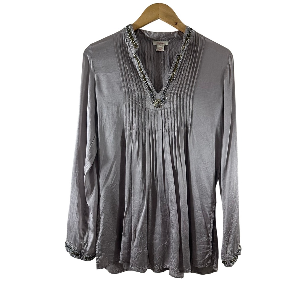 Sundance Womens 100% Silk Beaded Pintuck Pleat V-Neck Tunic Blouse Grey Small